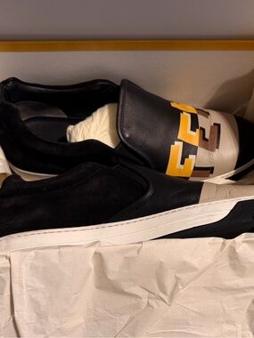 Fendi Black Slip-On Loafers with Yellow and Brown Logo Accent